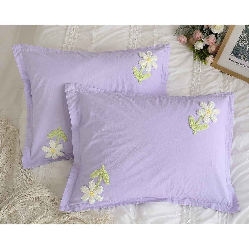 Vintage Lavender Daisy Cotton Pillow Shams Pair Cottagecore Coquette Floral Y2K